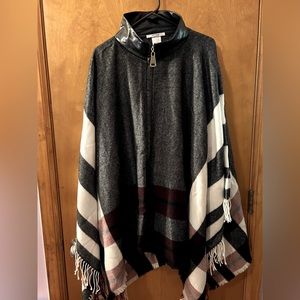 New. Masseys Stripe Zip-Up Poncho Sweater with Faux Leather Collar